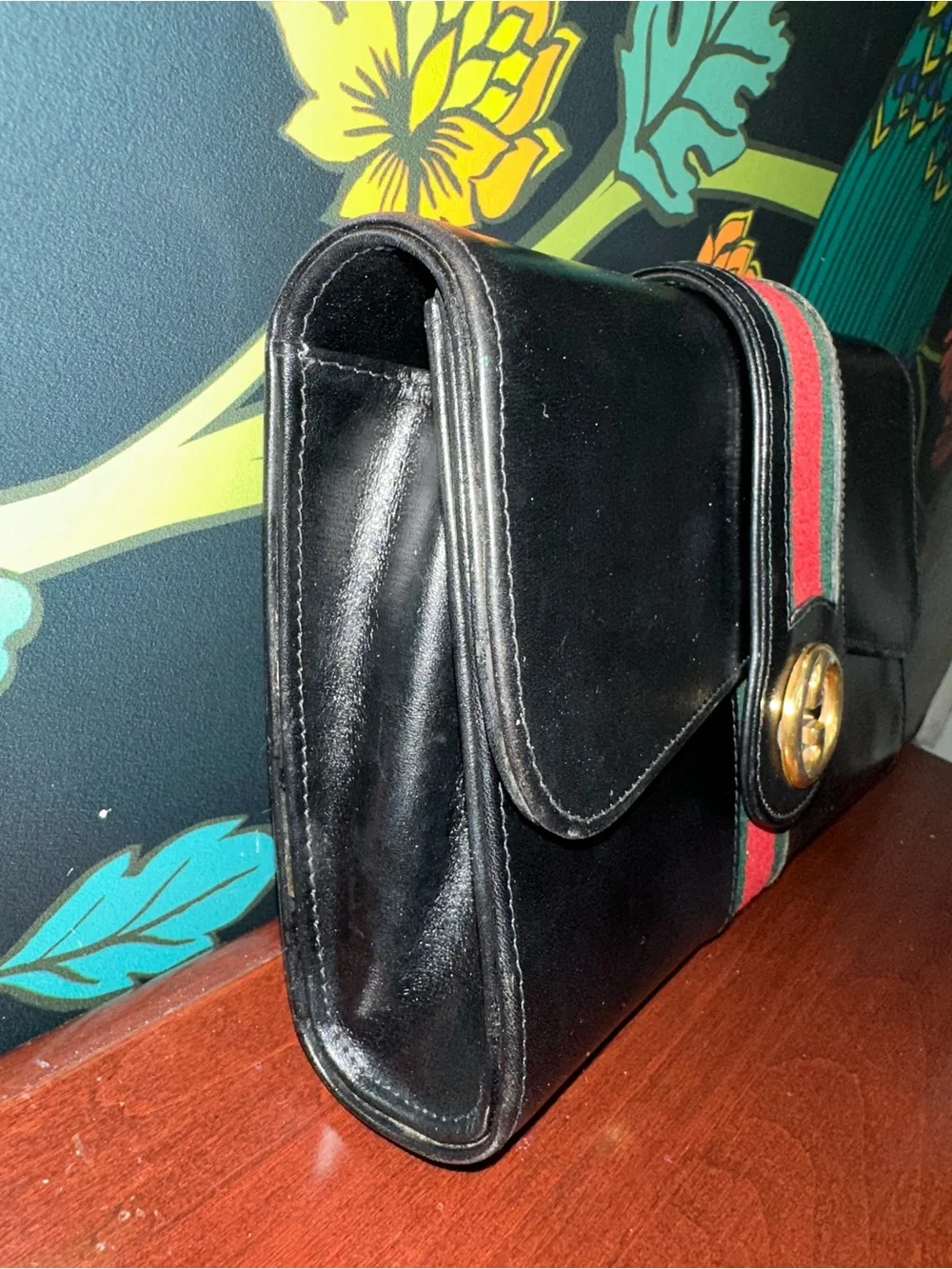 Vintage 1970s Gucci Black Leather Web Stripe GG Clutch
